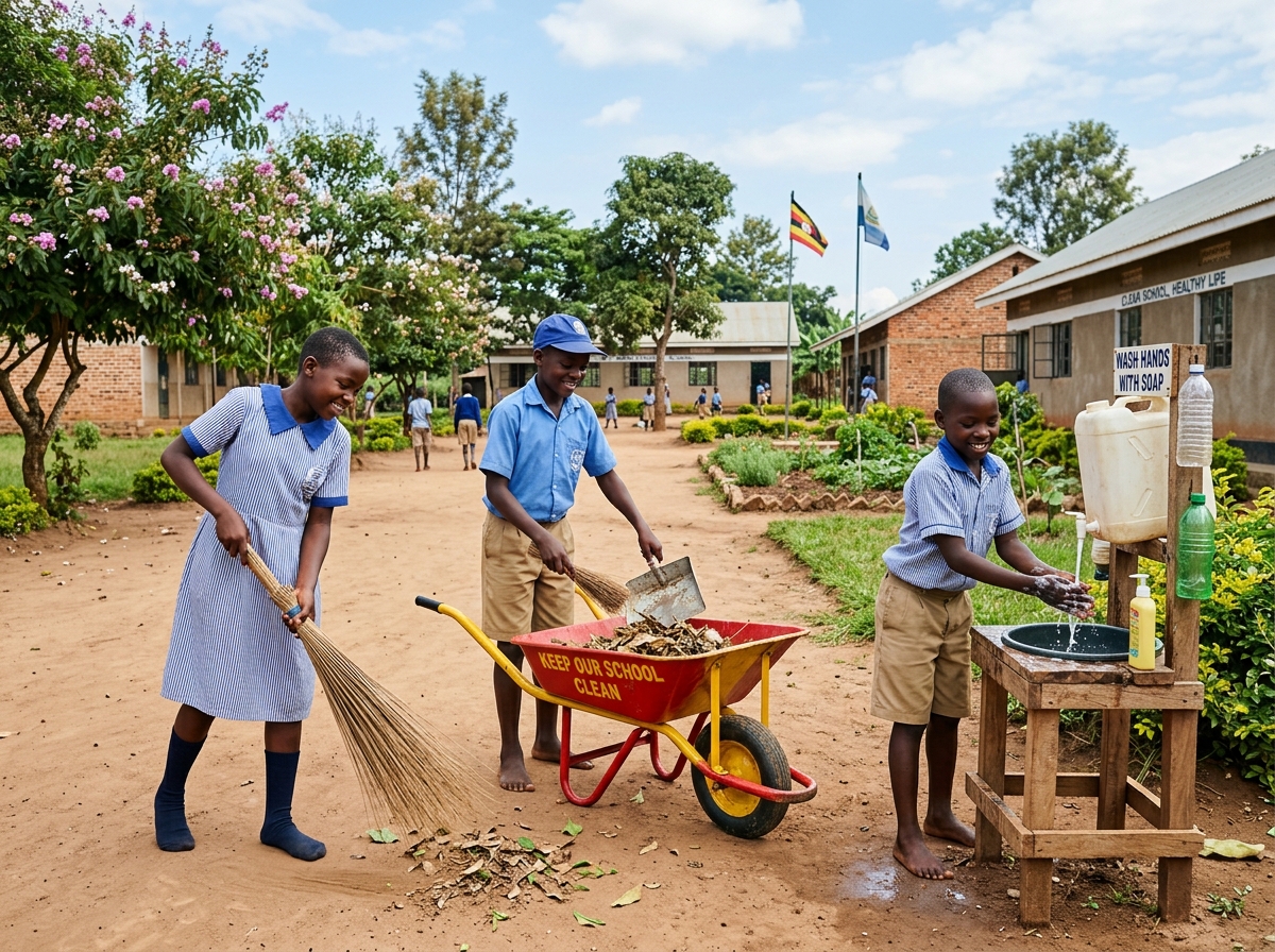 Primary pupils participating in compound sanitation activities