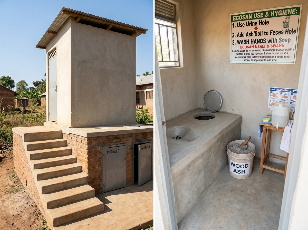 Ecosan ecological sanitation latrine with ash bucket and dual chamber slab