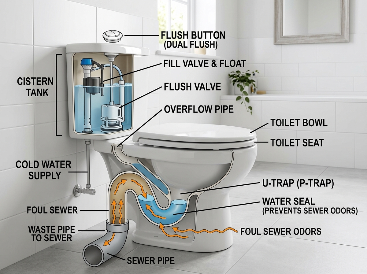 Water closet flush toilet cutaway showing cistern, bowl, and U-trap water seal