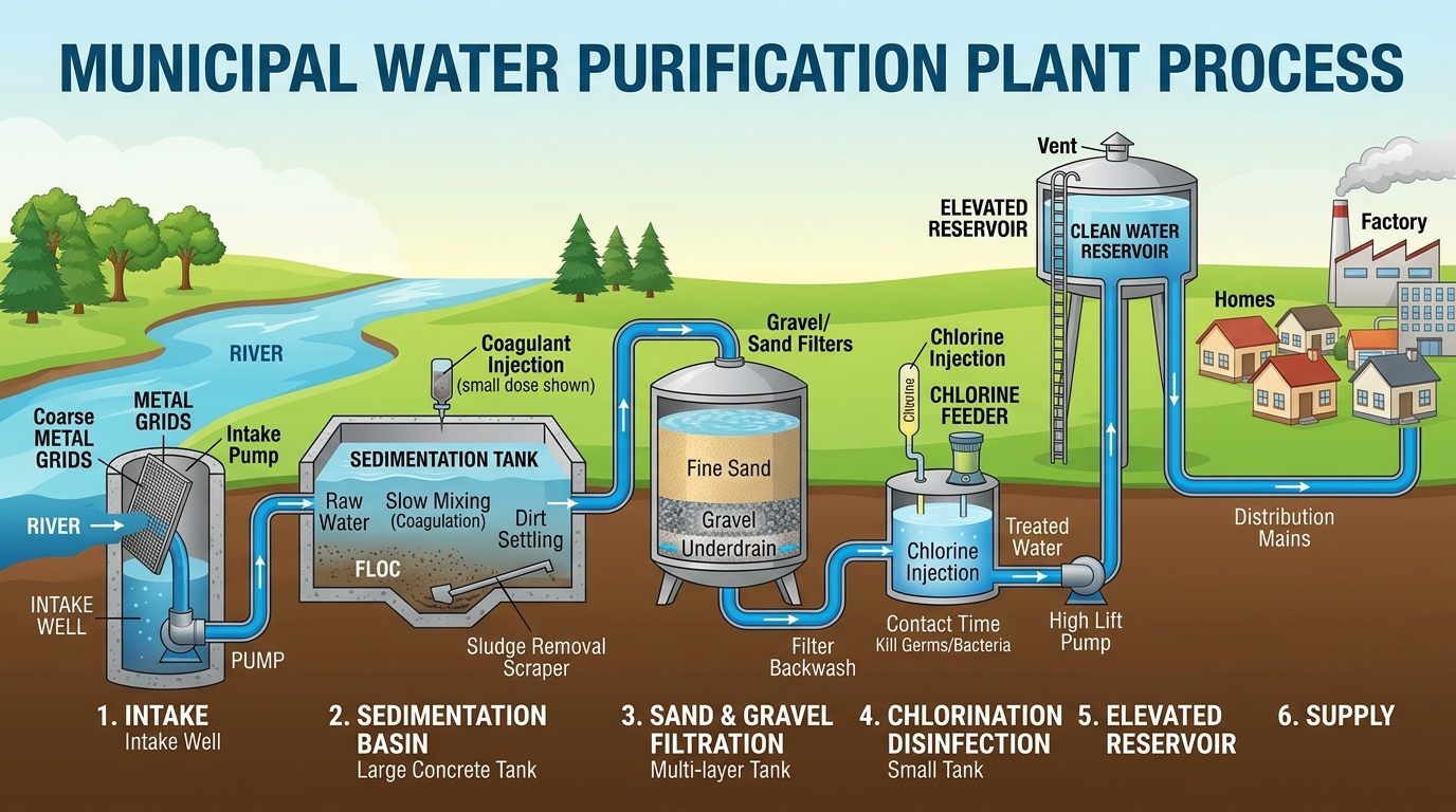 Municipal water purification plant schematic flow