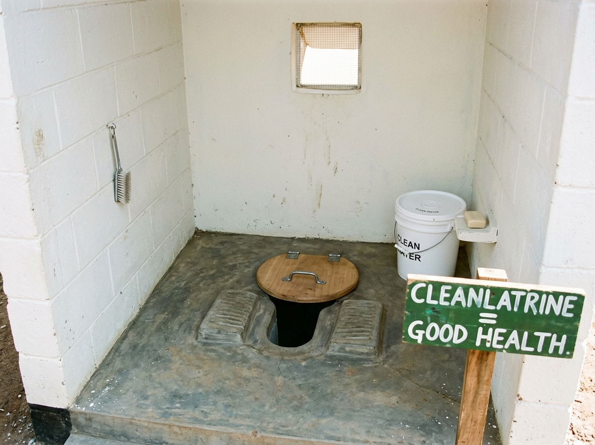 Clean ordinary pit latrine slab with tight wooden lid and footrests