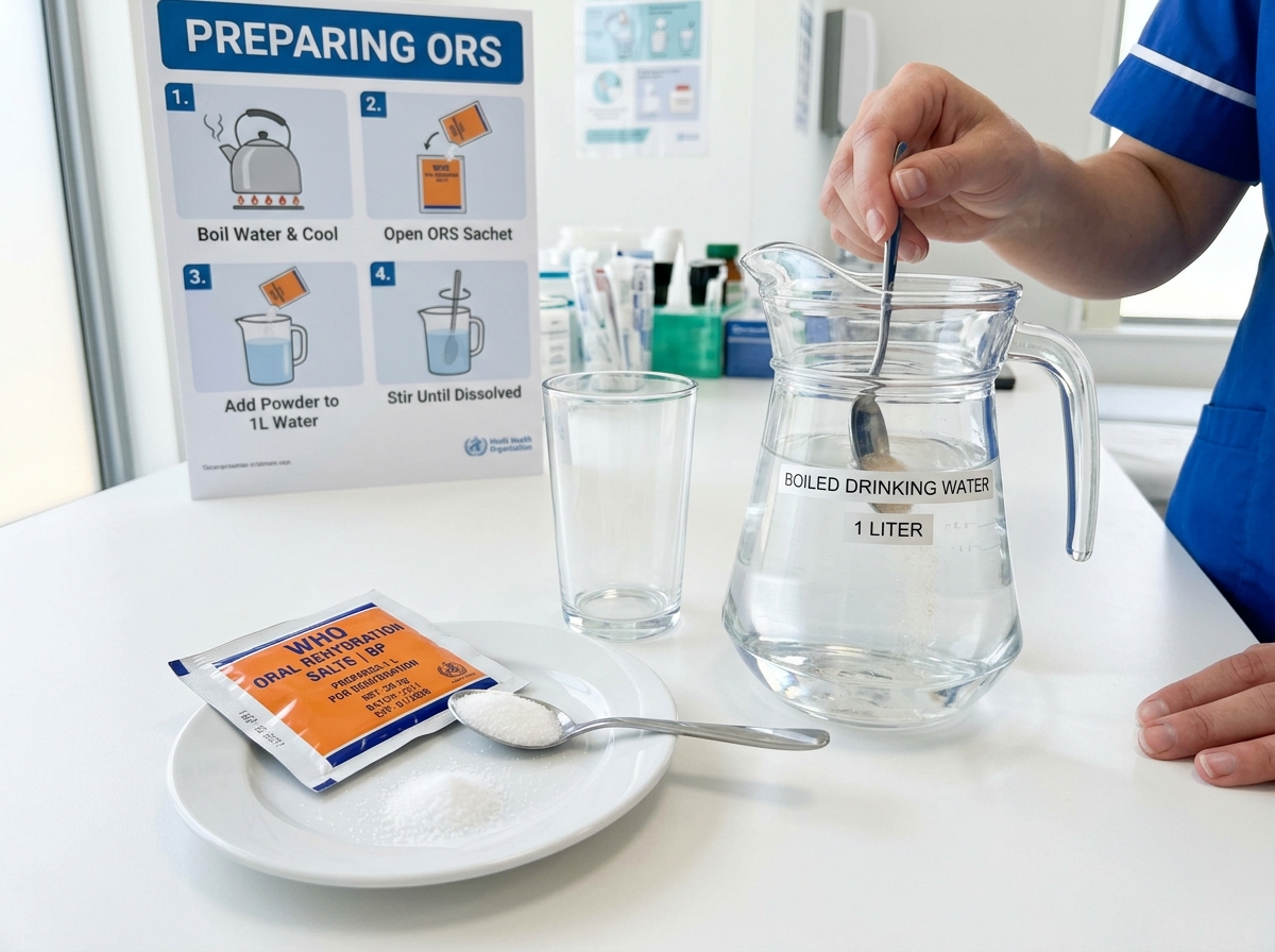 Oral Rehydration Solution preparation with 1 litre of clean boiled water, salt, and sugar