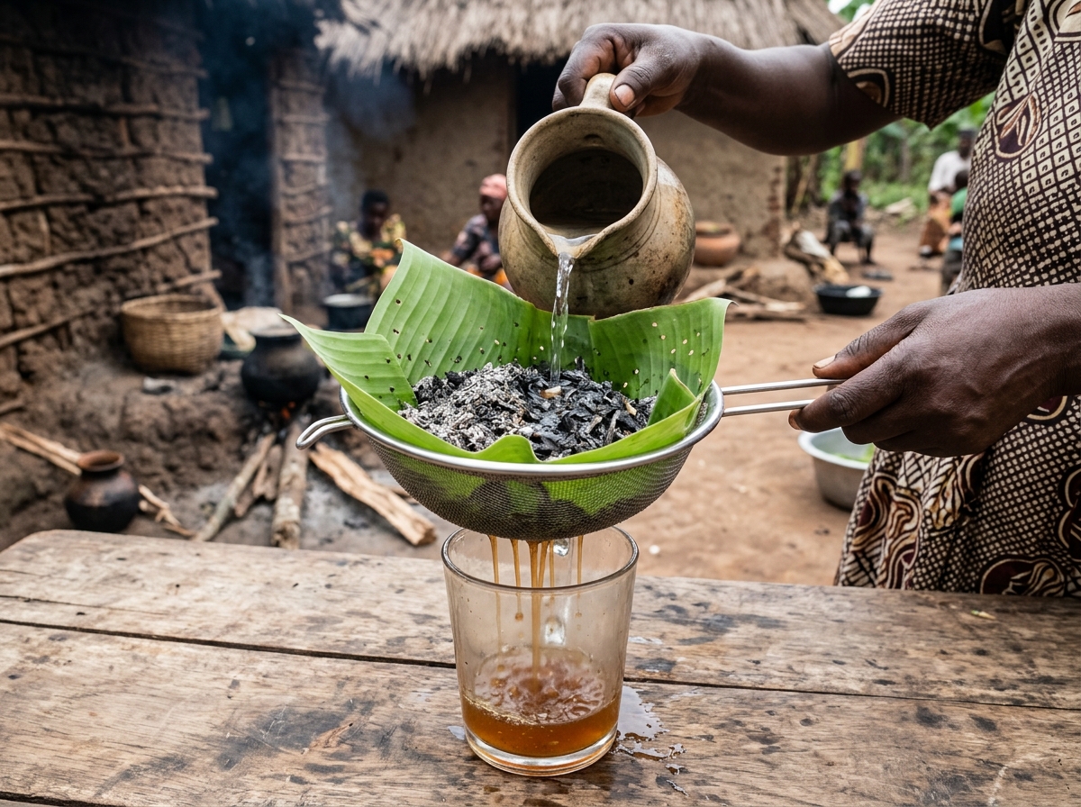 Preparing local salt from plant ash using banana leaf filter and sieve