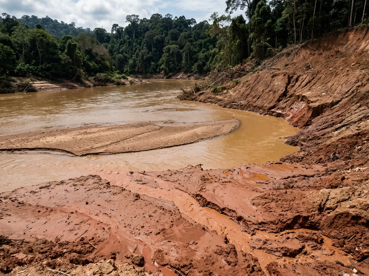 Severe river bank soil erosion and silting
