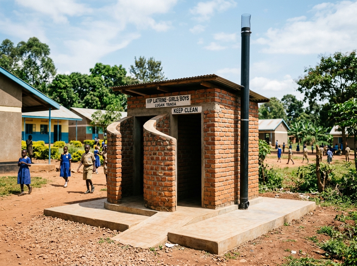 Ventilated Improved Pit VIP latrine with tall black PVC vent pipe and top wire screen