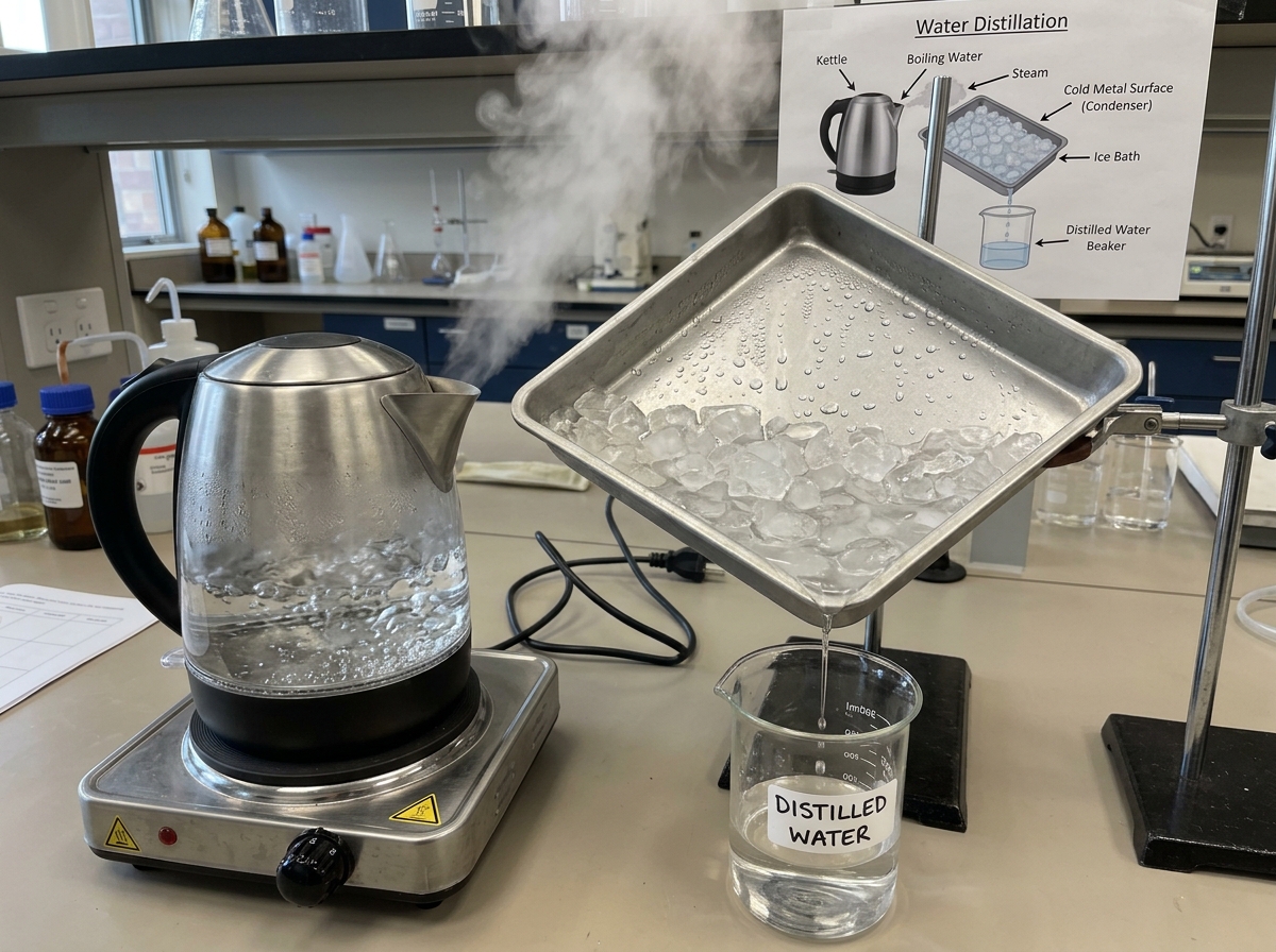 Water distillation method using boiling kettle and cold ice lid